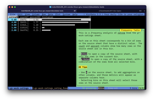 Screenshot of Visidata showing a histogram.